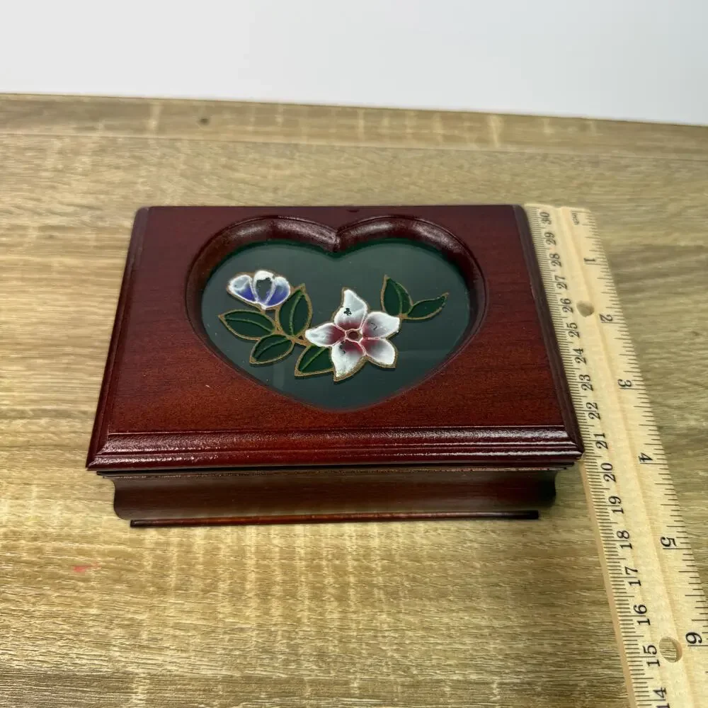 Vintage Cherry Wood Ornate Trinket Box Storage Display Floral